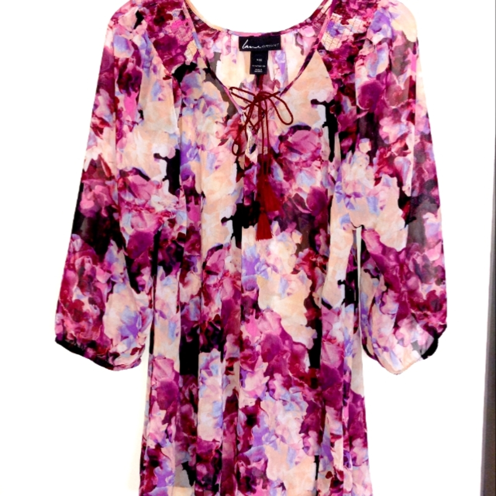 Lane Bryant 14-16 sheer pink floral tie front tunic